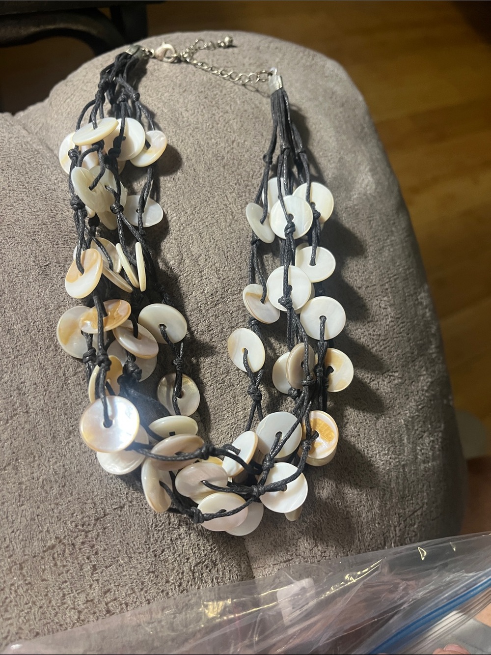 Multi-Strand Shell Disc Necklace in Ivory on Black Cord 1908